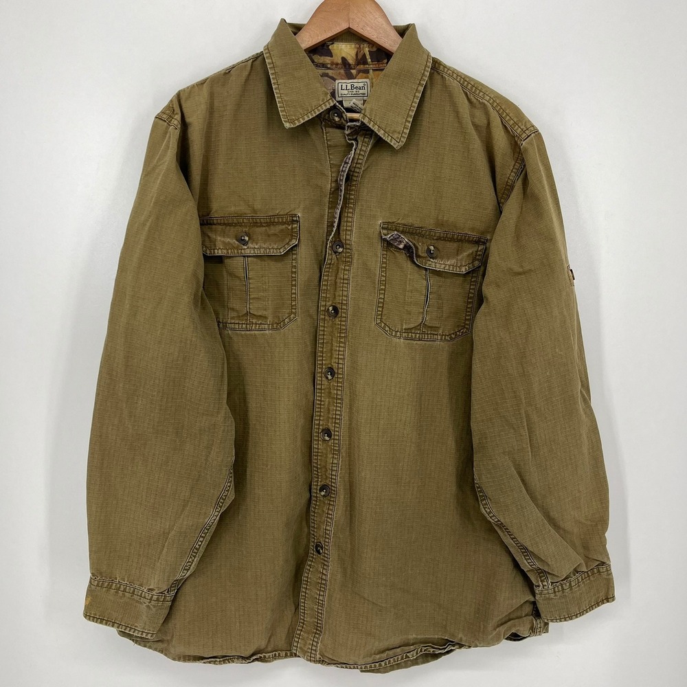 LL Bean Mens XL-Tall Ripstop Button Down Shirt Olive Drab Camo Trim 0FGX8